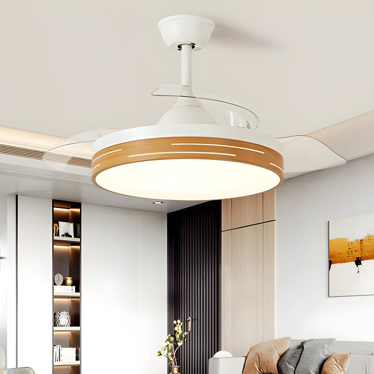Modern Round 3 Retractable Blade Ceiling Fan with Light Image - 7