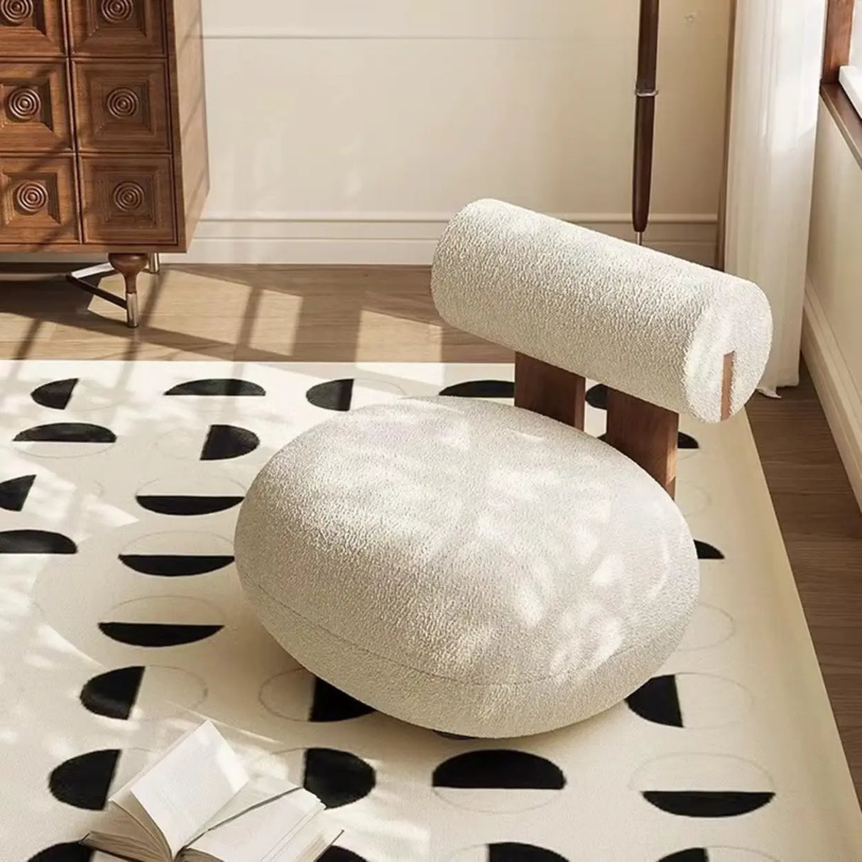 Modern Round Barrel Off-White Sherpa Medium Lounge Accent Chair Image - 5