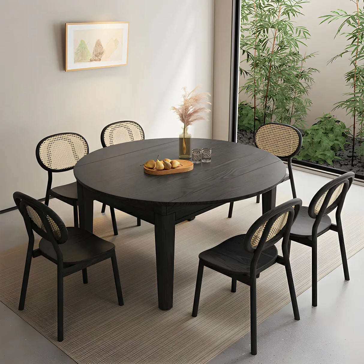 Modern Round Black Ash Dining Table with Drop Leaf Extension Image - 1