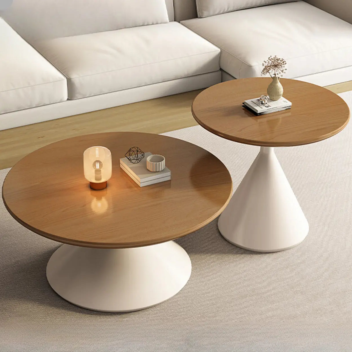 Modern Round Coffee Table Set, Wood Top & White Base Image - 1