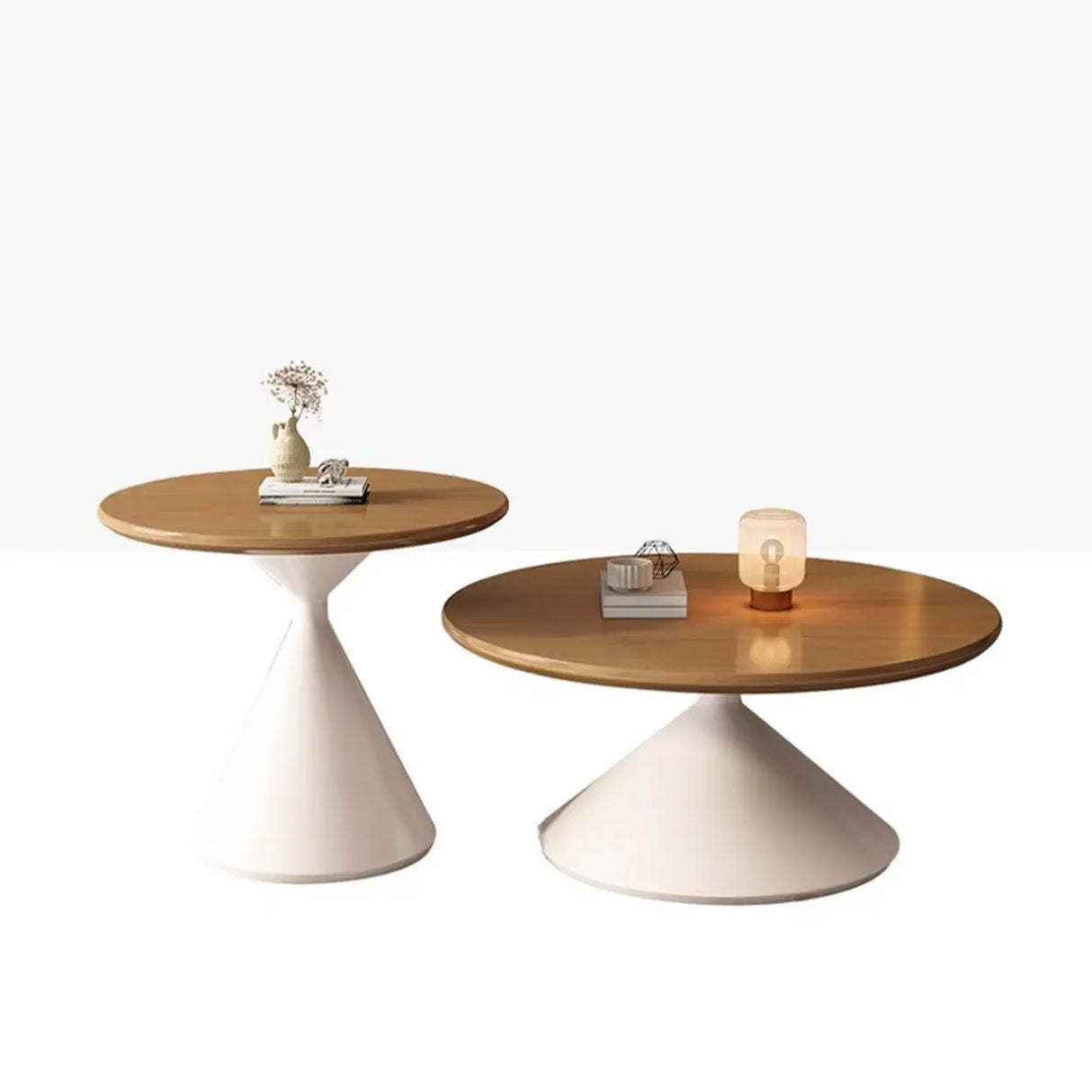 Modern Round Coffee Table Set, Wood Top & White Base Image - 10