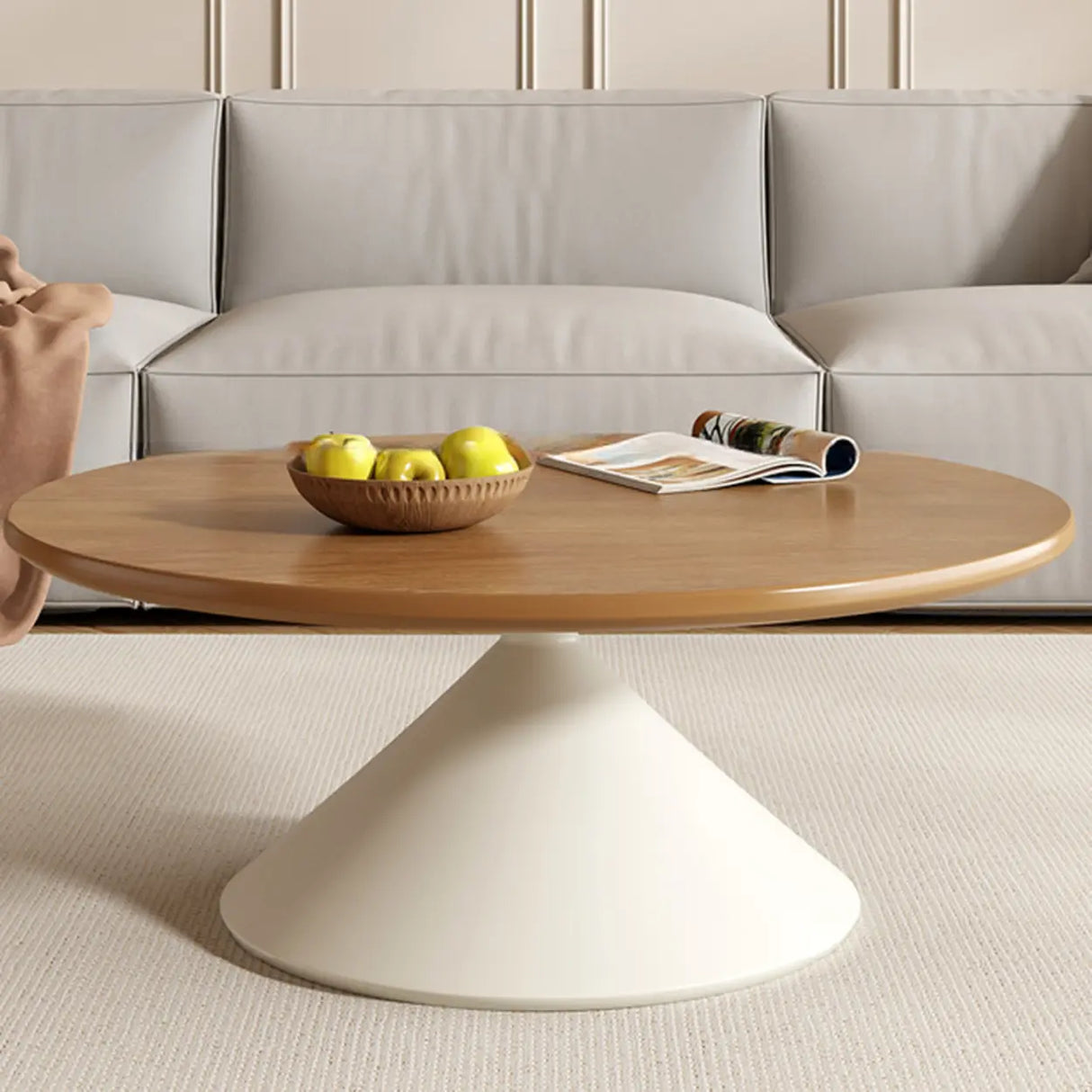 Modern Round Coffee Table Set, Wood Top & White Base Image - 2