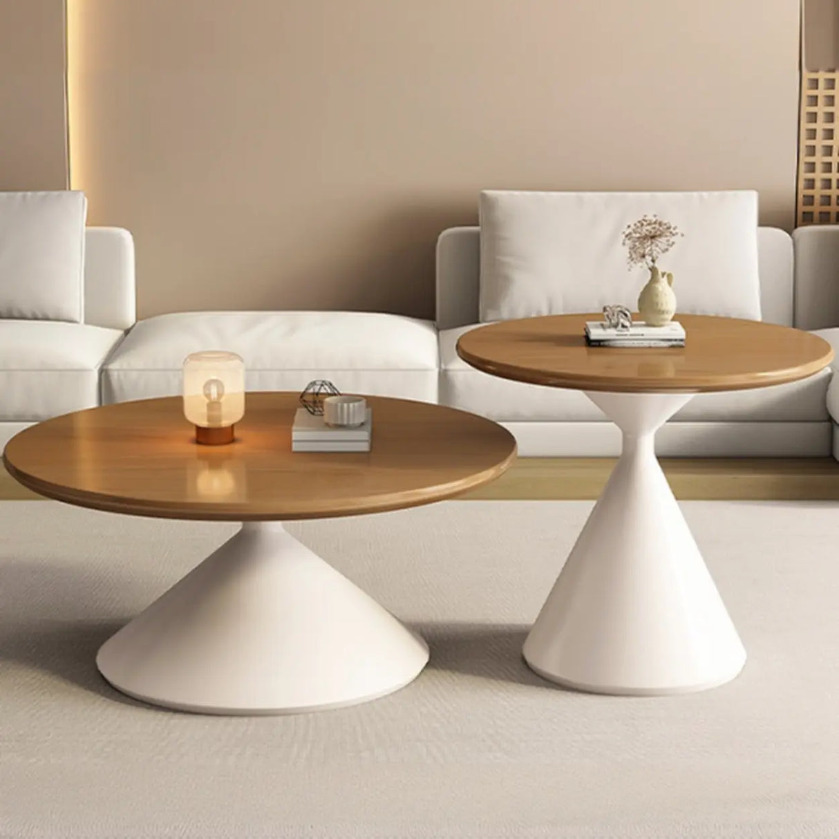 Modern Round Coffee Table Set, Wood Top & White Base Image - 4