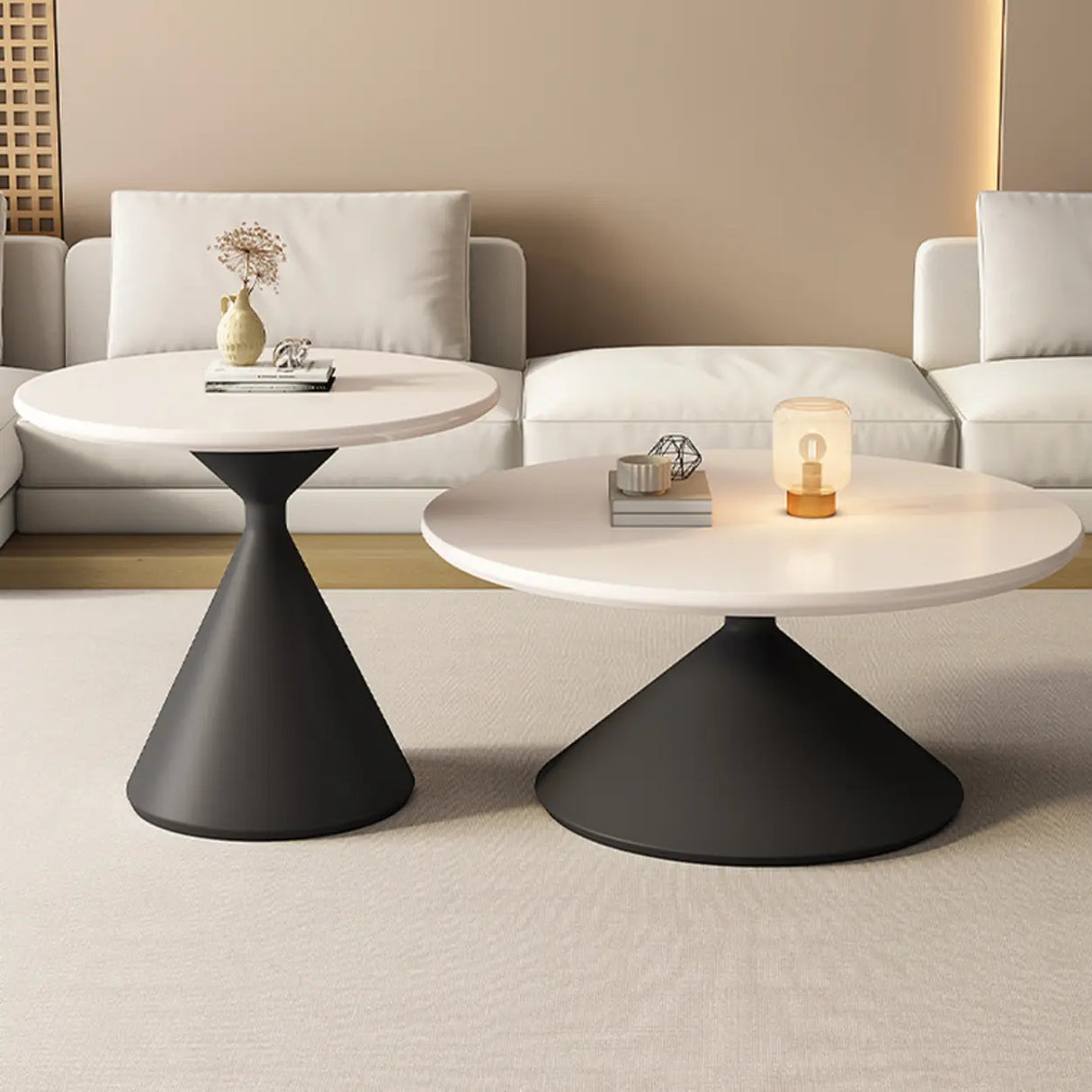 Modern Round Coffee Table Set, Wood Top & White Base Image - 6