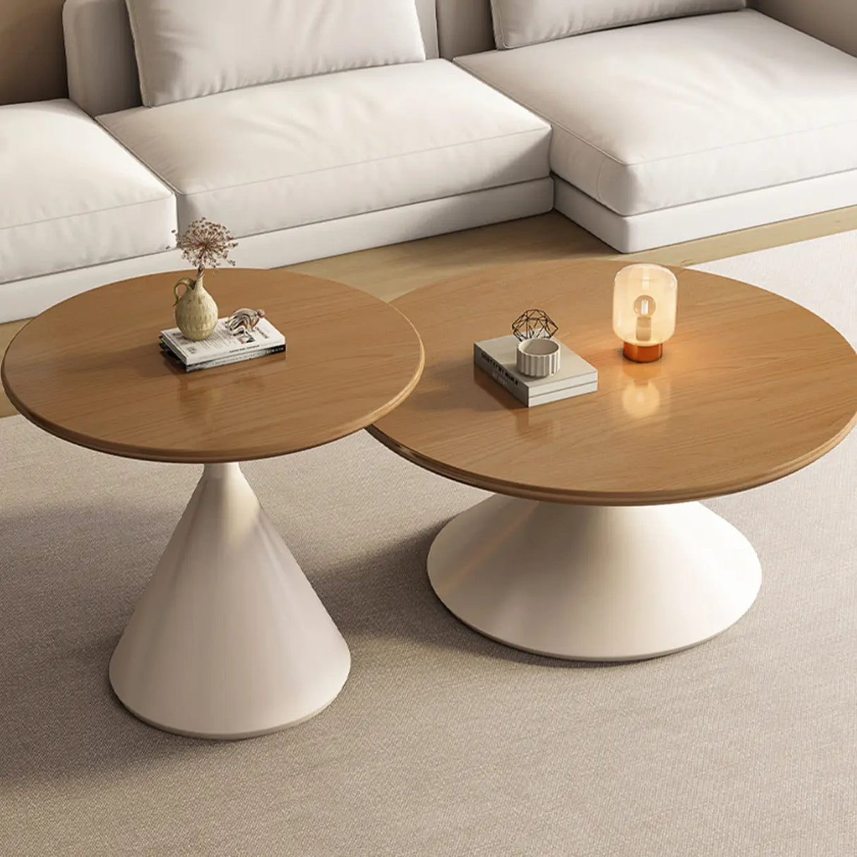 Modern Round Coffee Table Set, Wood Top & White Base Image - 8