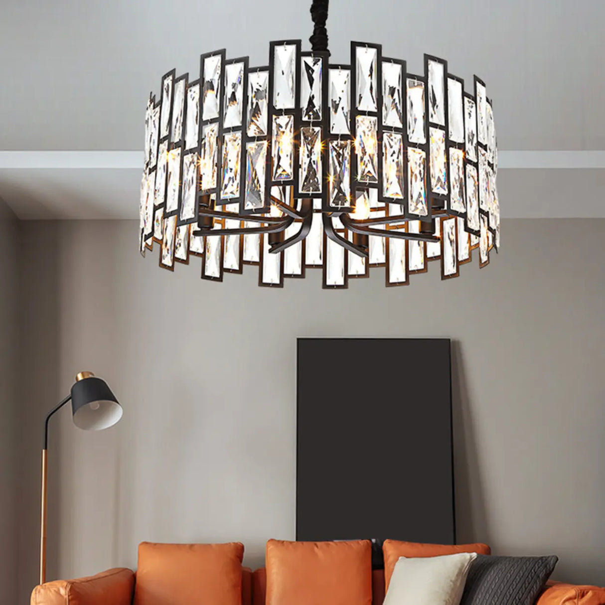 Modern Round Crystal Chandelier Living Room Black Image - 1
