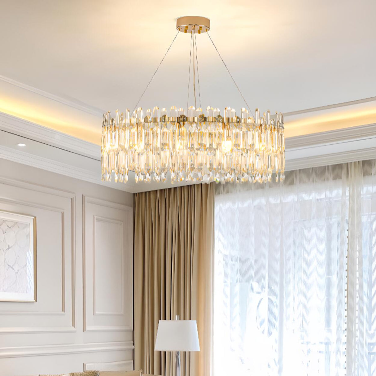 Modern Round Crystal Pendant Chandelier Adjustable Height Image - 4