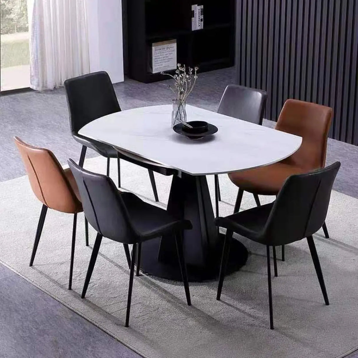 Modern Round Dining Table Stone Grey Self-Storing Leaf Image - 2