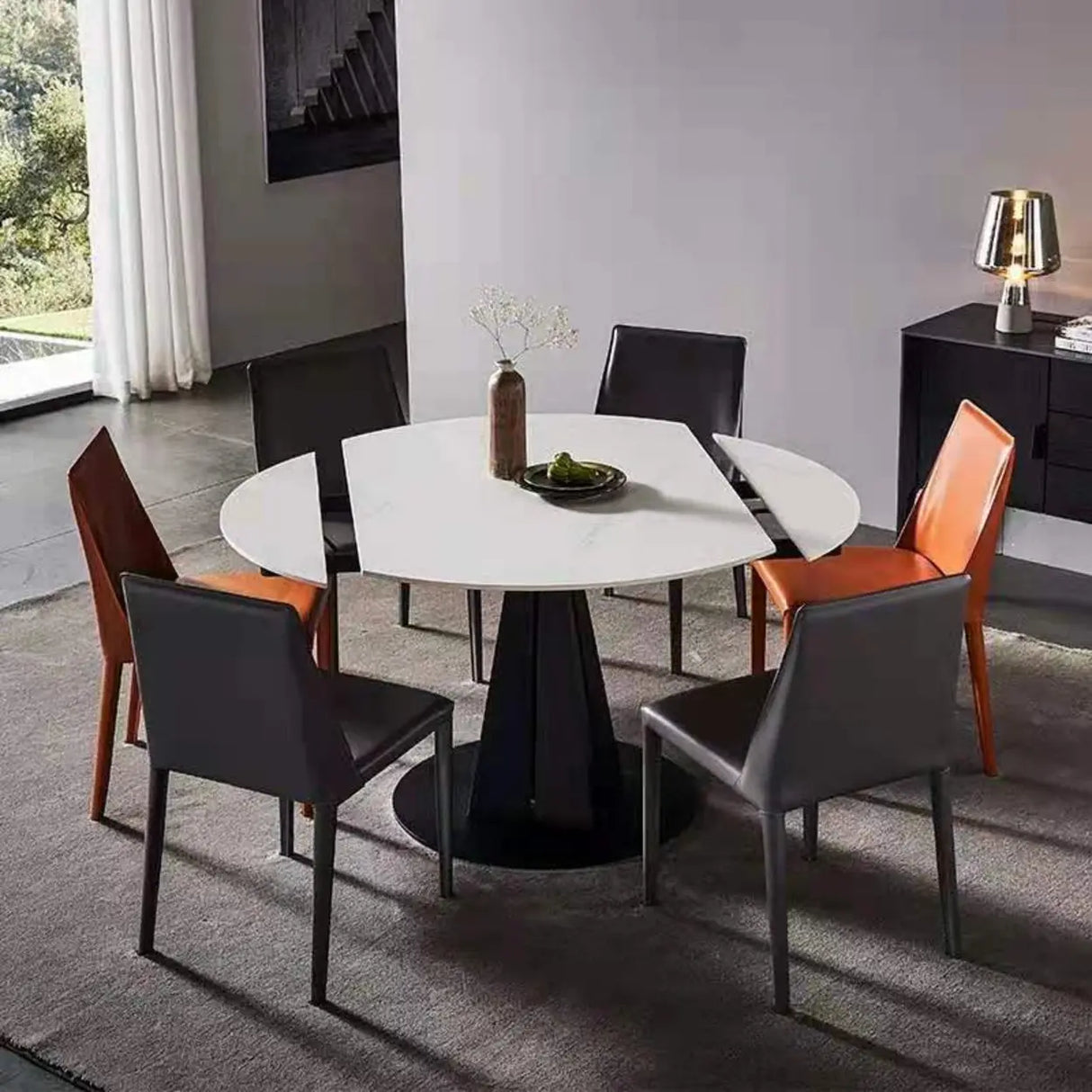 Modern Round Dining Table Stone Grey Self-Storing Leaf Image - 3