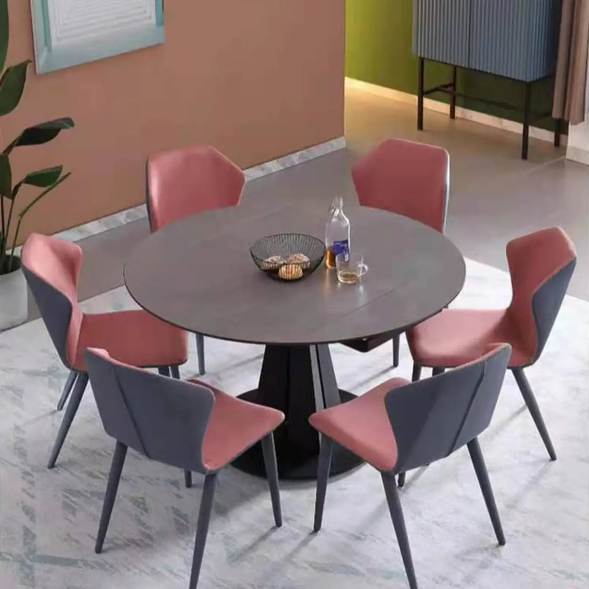 Modern Round Dining Table Stone Grey Self-Storing Leaf Image - 4