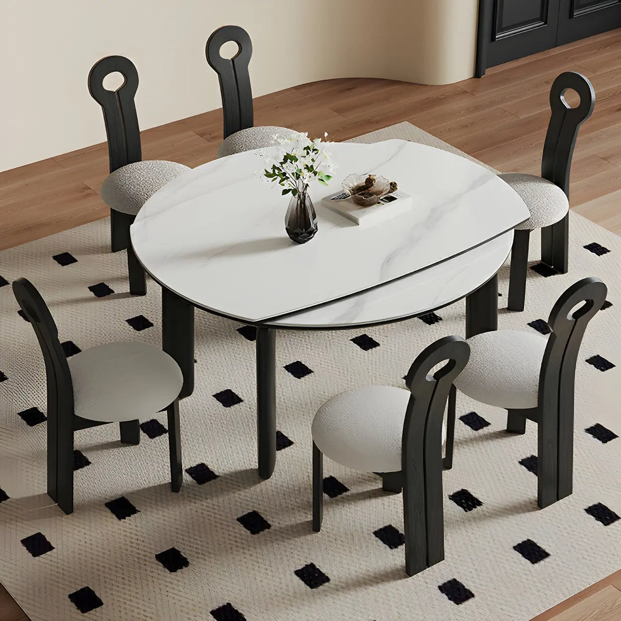 Modern Round Dining Table Stone White and Black Extendable Image - 10