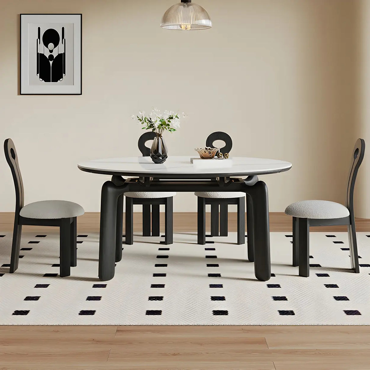 Modern Round Dining Table Stone White and Black Extendable Image - 1