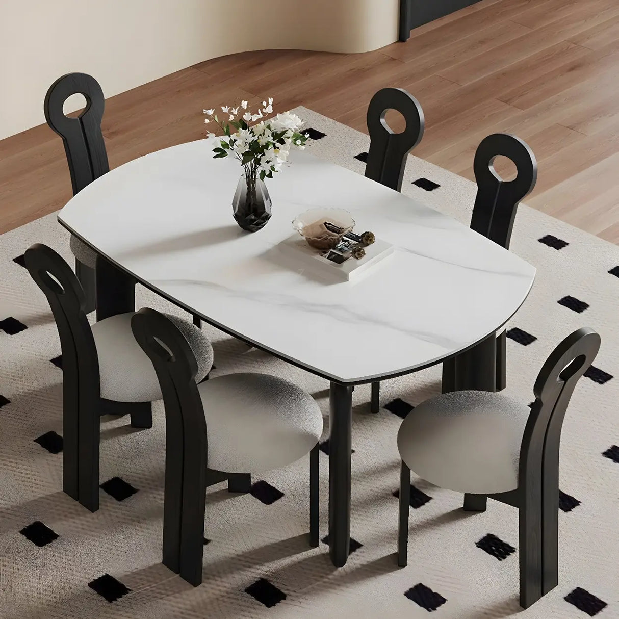 Modern Round Dining Table Stone White and Black Extendable Image - 2