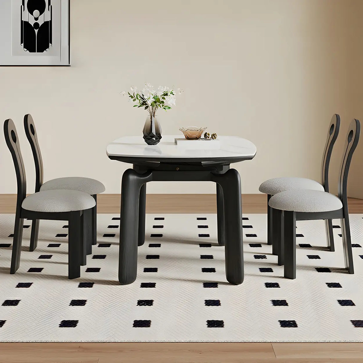 Modern Round Dining Table Stone White and Black Extendable Image - 3