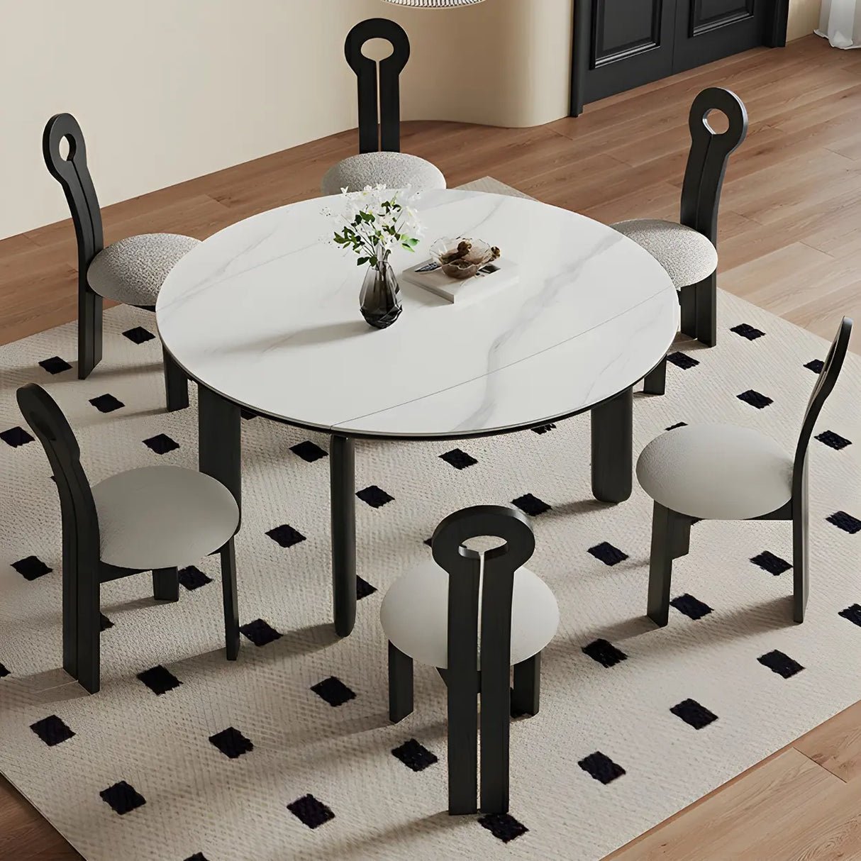 Modern Round Dining Table Stone White and Black Extendable Image - 4