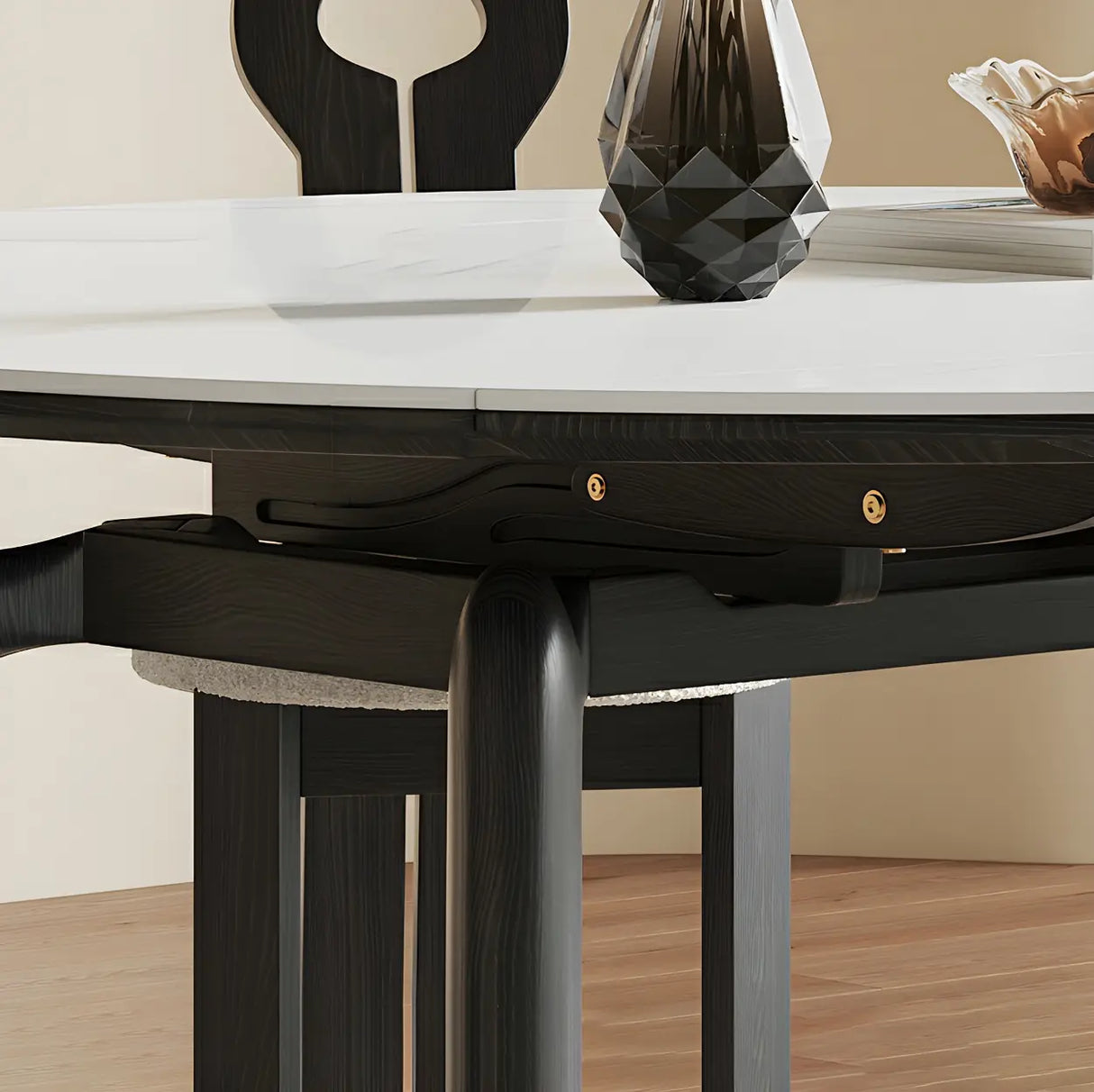 Modern Round Dining Table Stone White and Black Extendable Image - 8