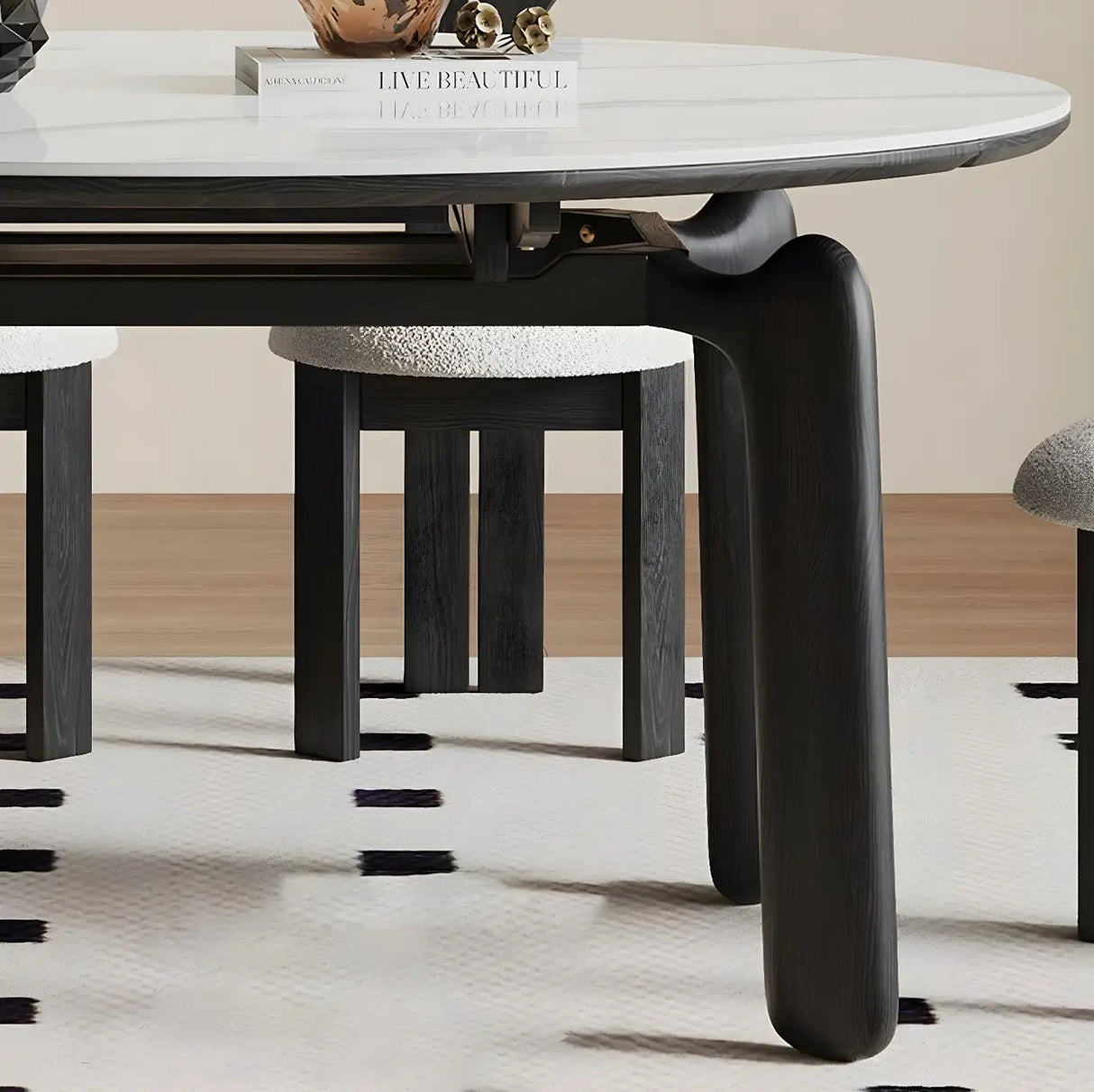 Modern Round Dining Table Stone White and Black Extendable Image - 9