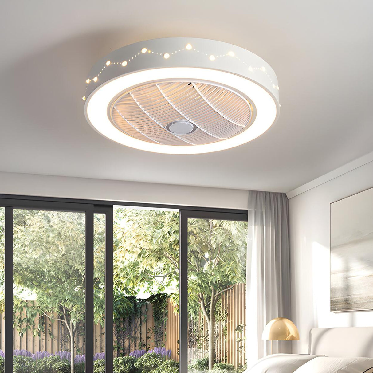Modern Round Flush Bladeless Ceiling Fan with LED Light Image - 1