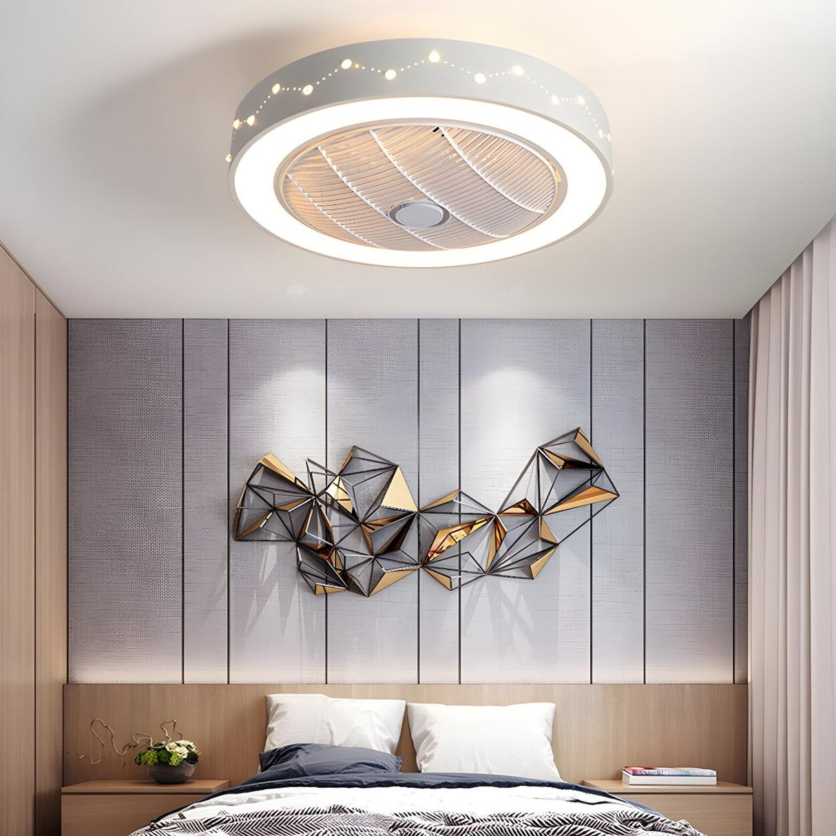 Modern Round Flush Bladeless Ceiling Fan with LED Light Image - 2