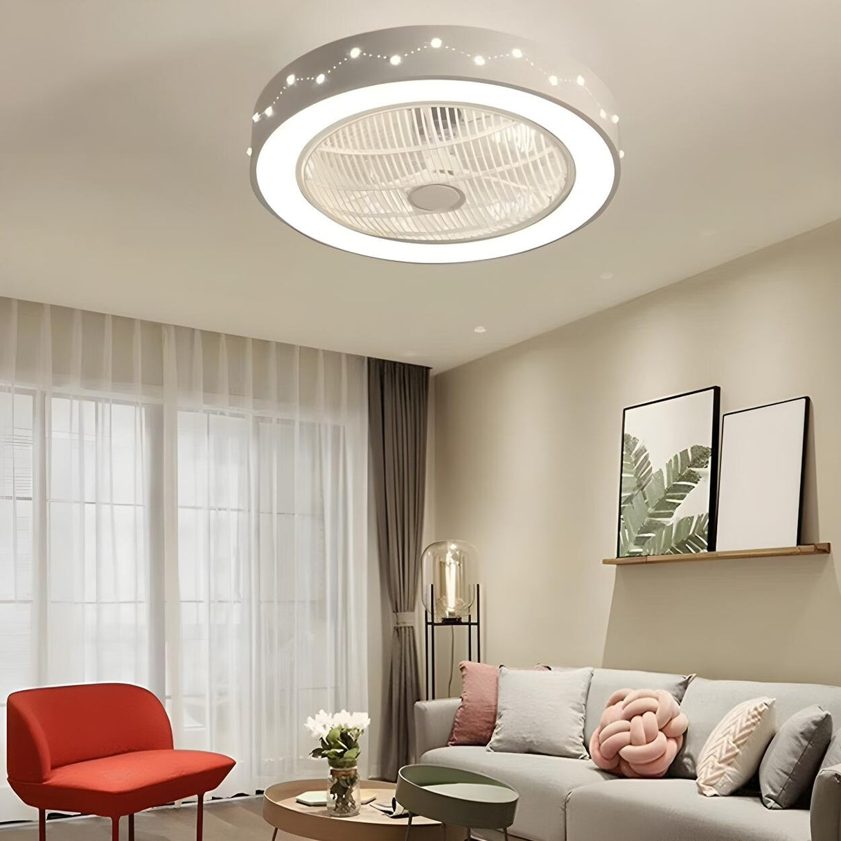 Modern Round Flush Bladeless Ceiling Fan with LED Light Image - 8