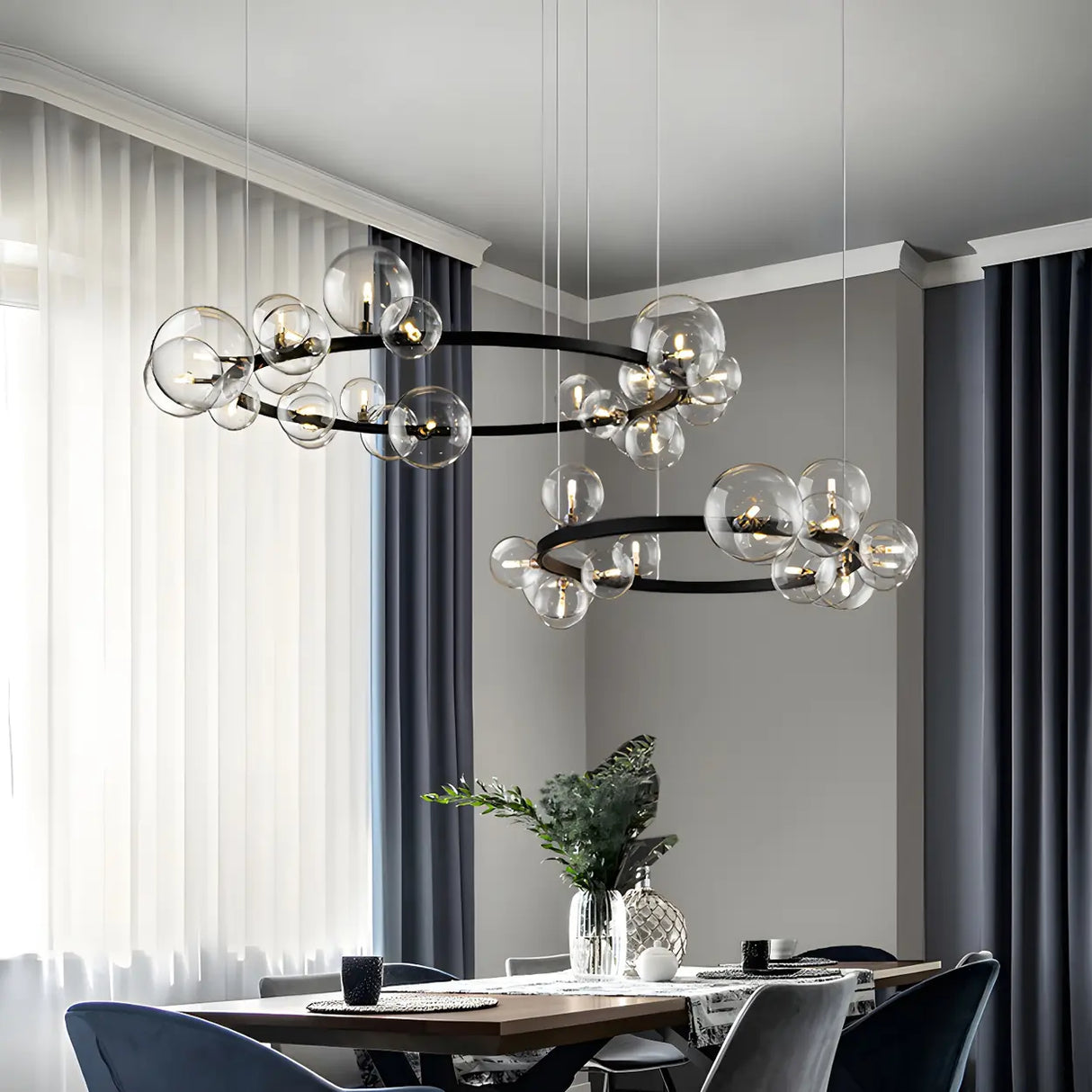 Modern Round Glass Ball Dining Room Black Chandelier Image - 1
