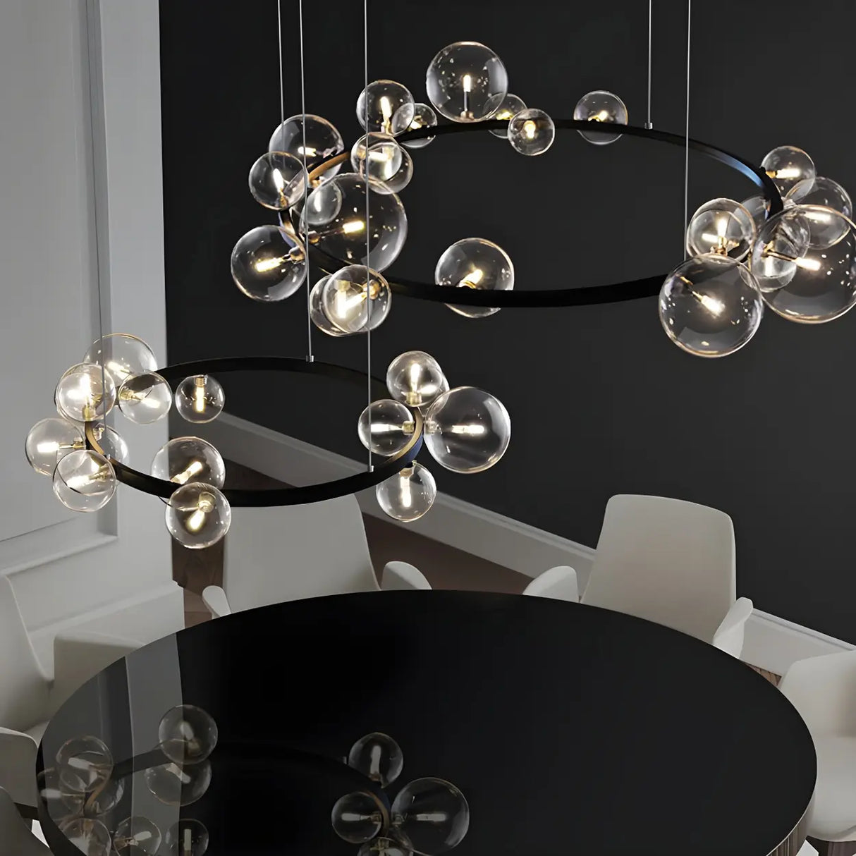 Modern Round Glass Ball Dining Room Black Chandelier Image - 2