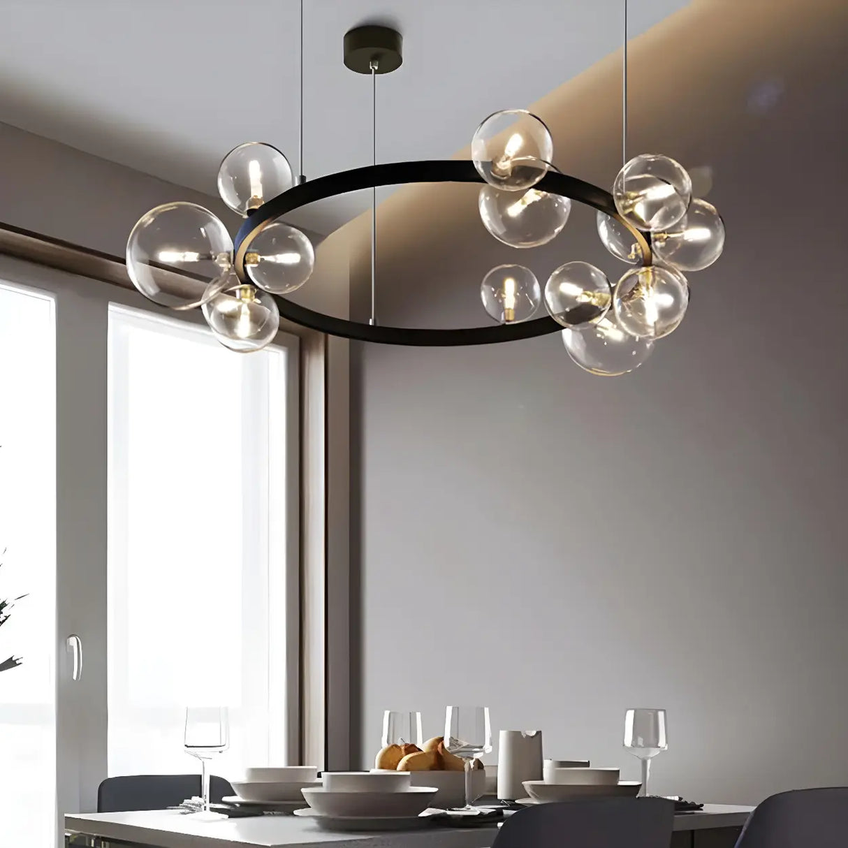 Modern Round Glass Ball Dining Room Black Chandelier Image - 3
