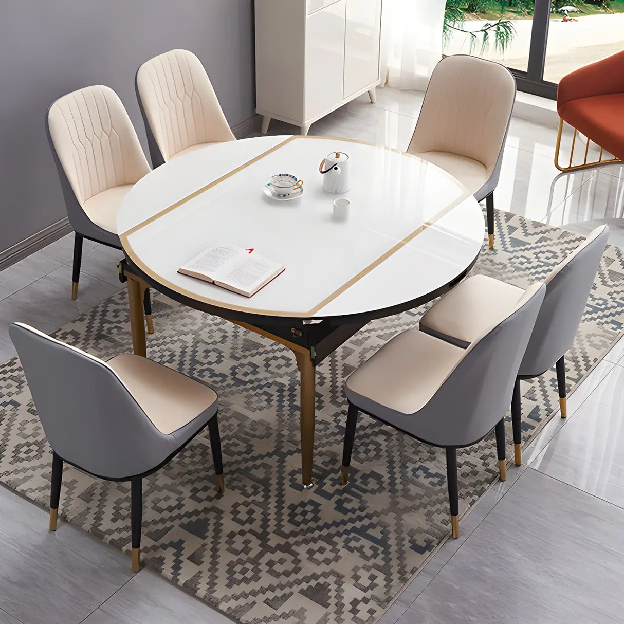 Modern Round Glass Dining Table White with Drop Leaf Image - 10