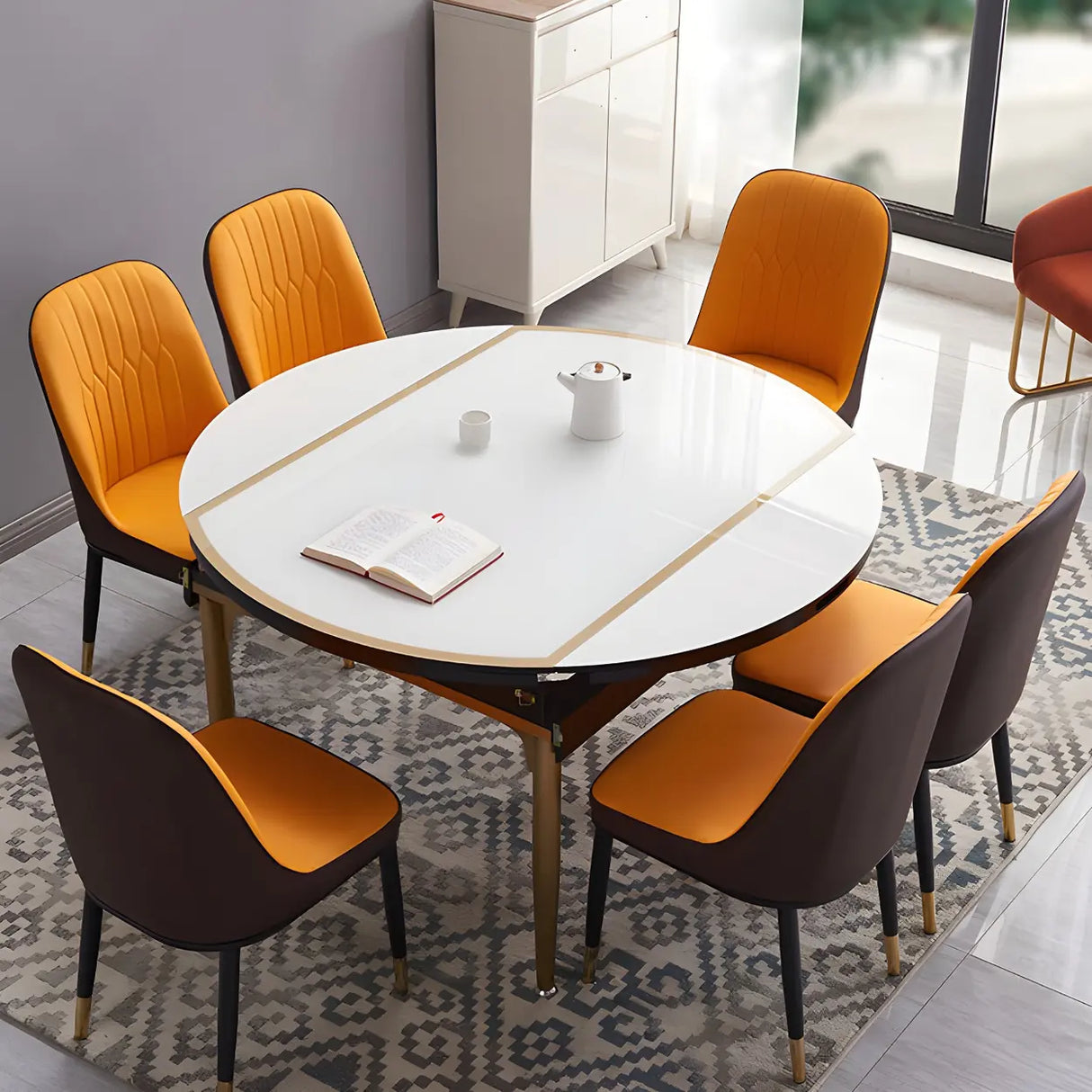 Modern Round Glass Dining Table White with Drop Leaf Image - 11