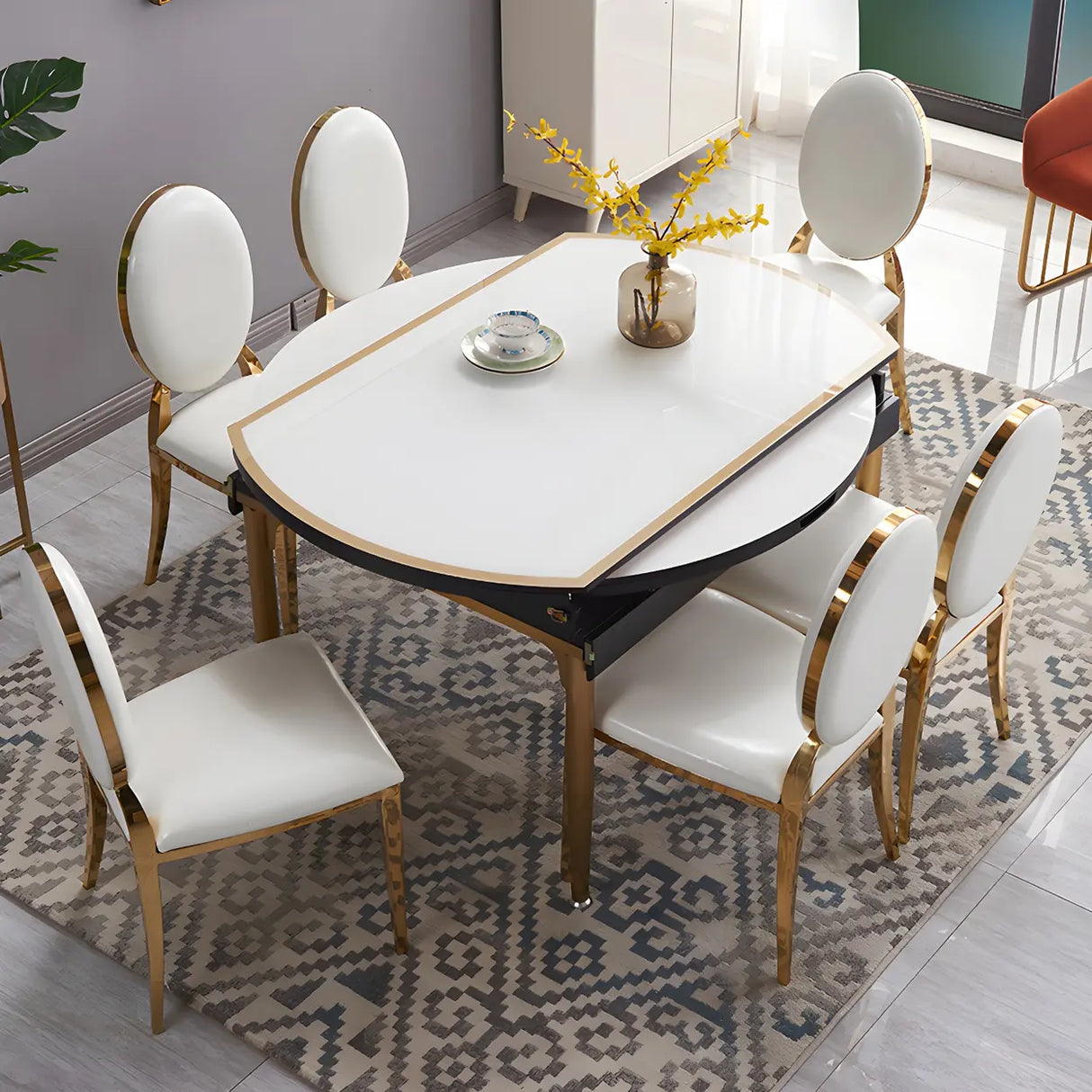 Modern Round Glass Dining Table White with Drop Leaf Image - 1