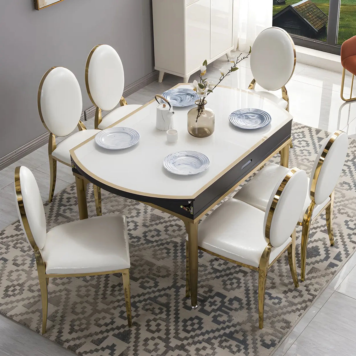 Modern Round Glass Dining Table White with Drop Leaf Image - 3