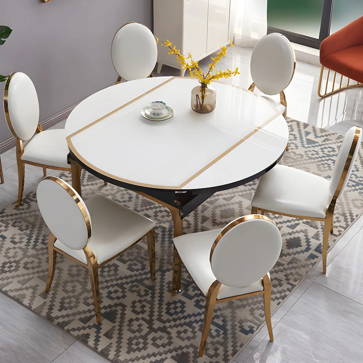 Modern Round Glass Dining Table White with Drop Leaf Image - 4
