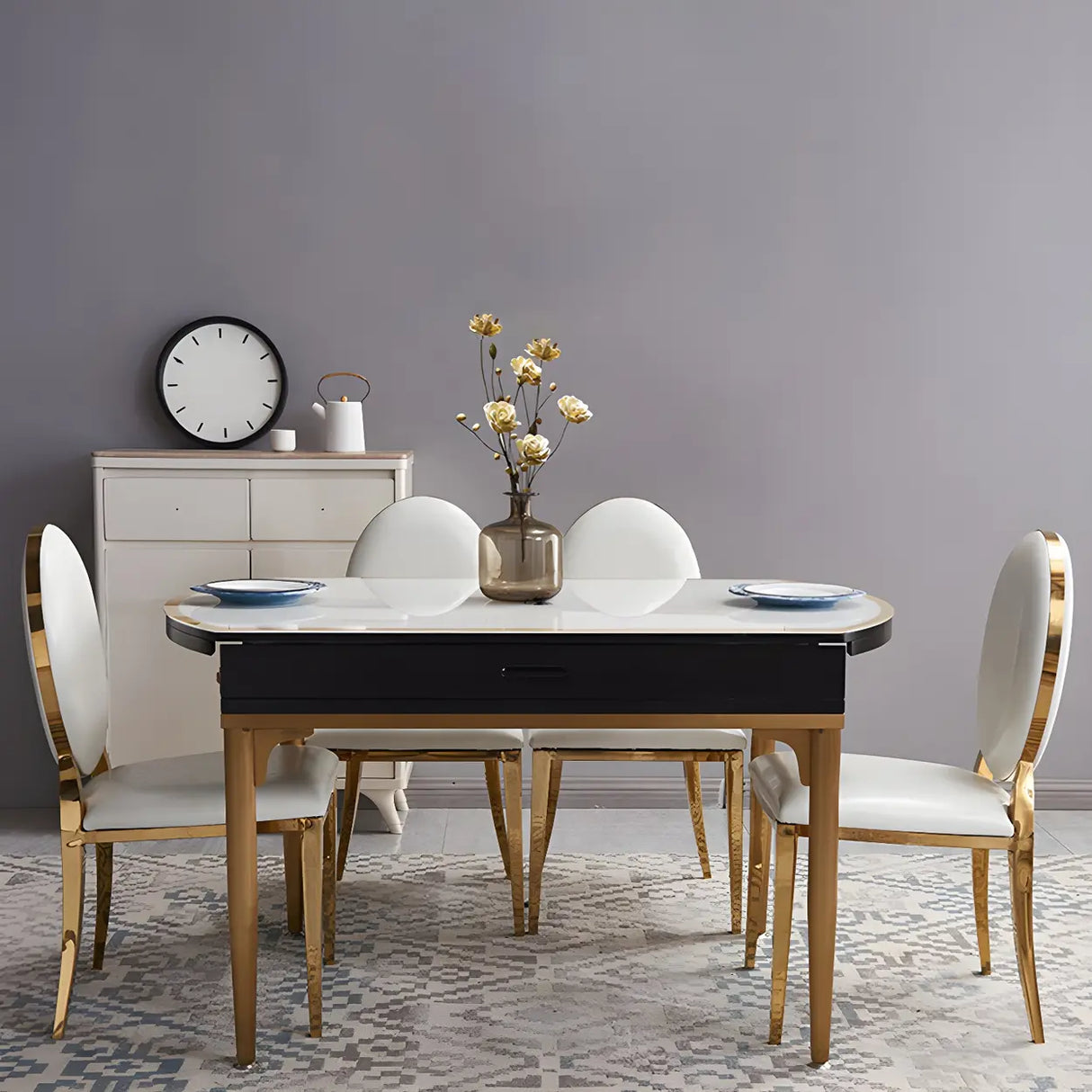 Modern Round Glass Dining Table White with Drop Leaf Image - 5