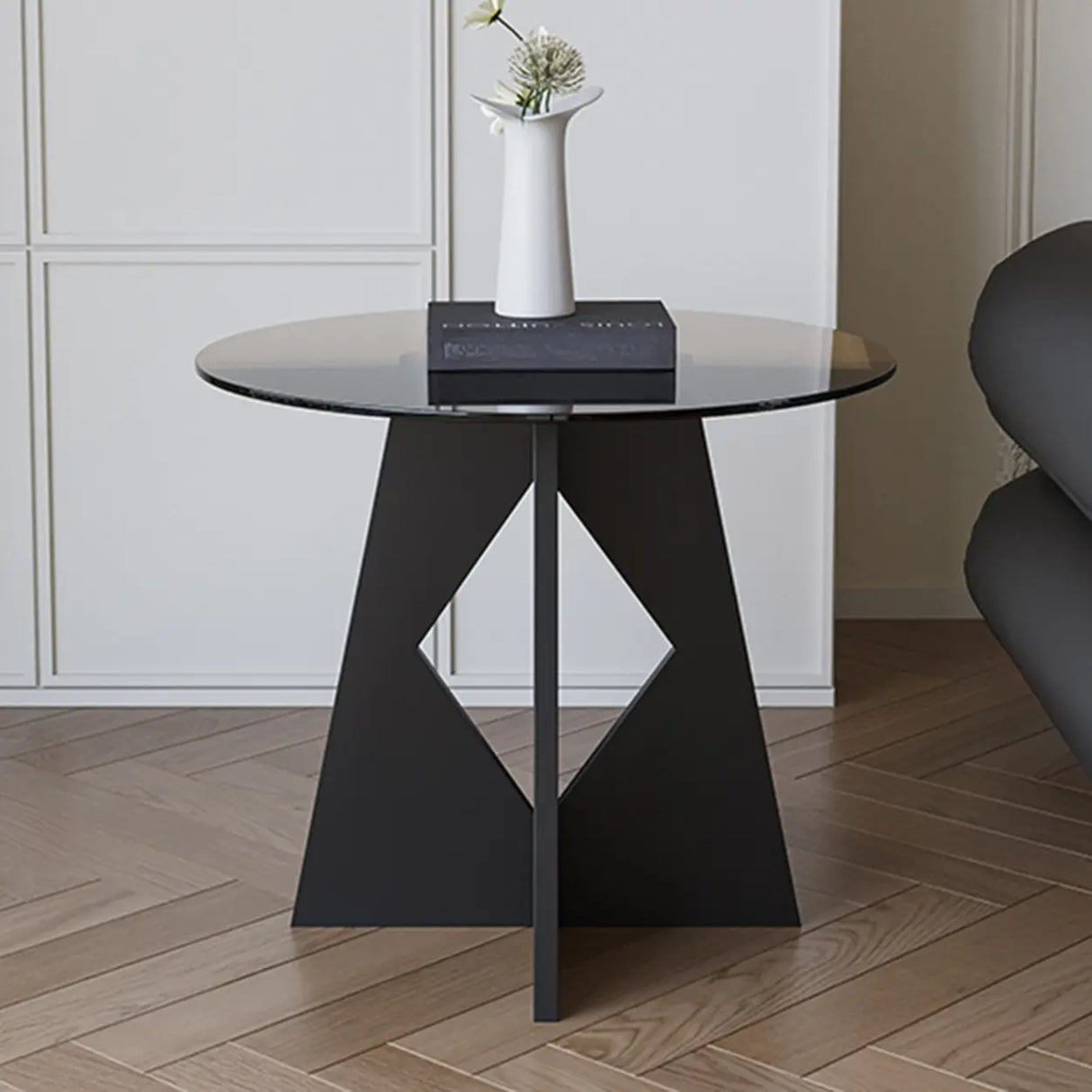 Modern Round Glass Side Table with Geometric Metal Base Image - 1