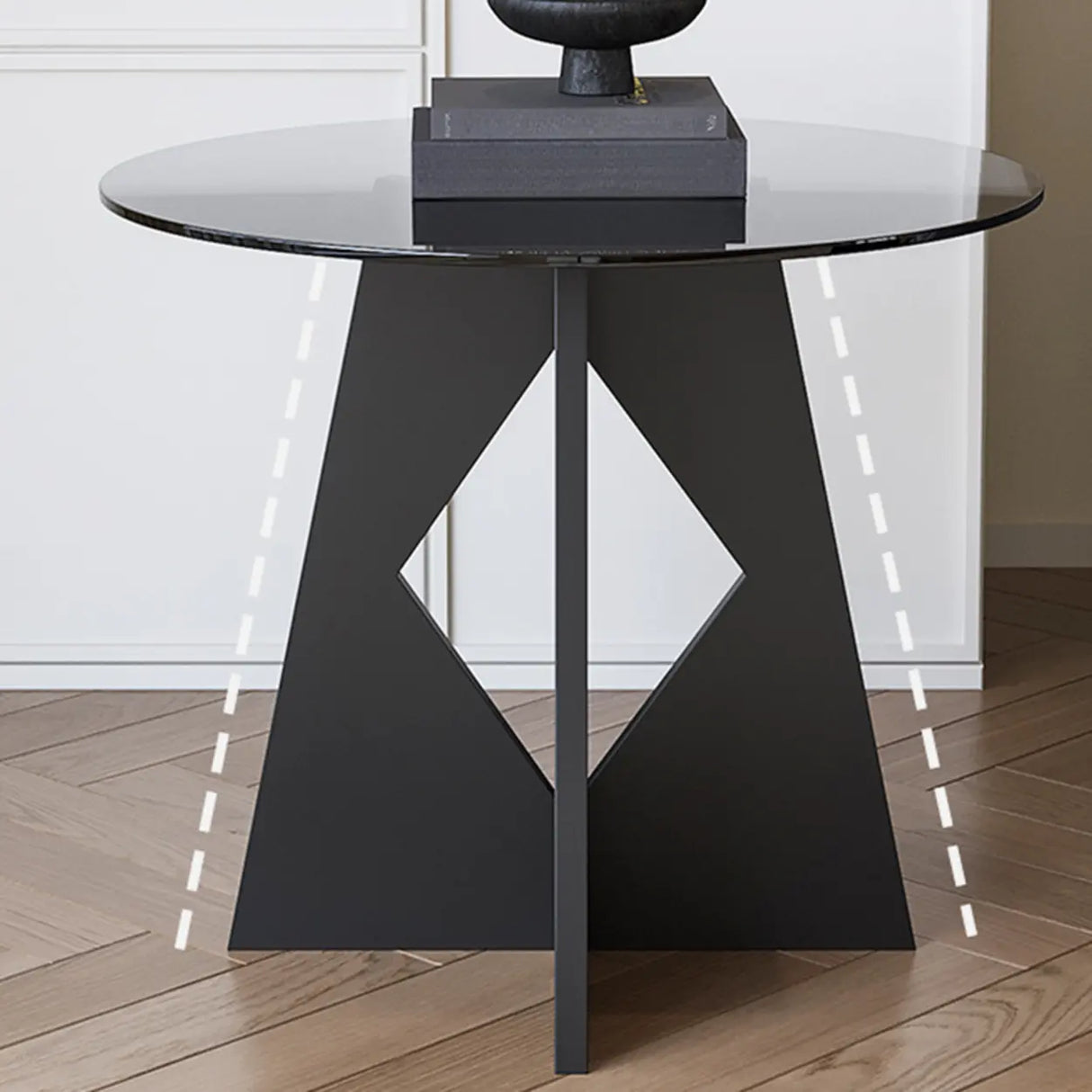Modern Round Glass Side Table with Geometric Metal Base Image - 4