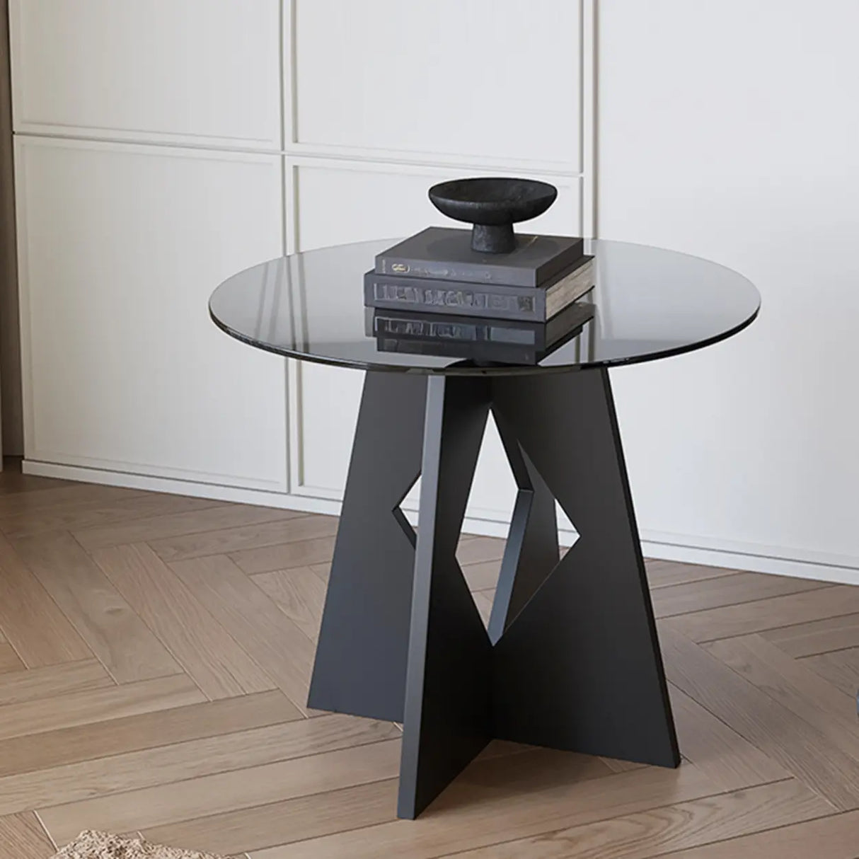 Modern Round Glass Side Table with Geometric Metal Base Image - 6