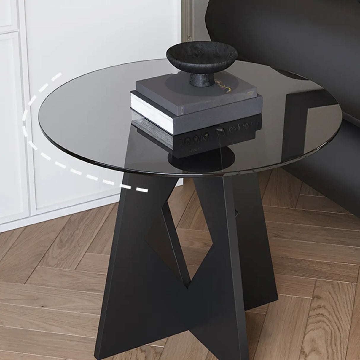 Modern Round Glass Side Table with Geometric Metal Base Image - 8