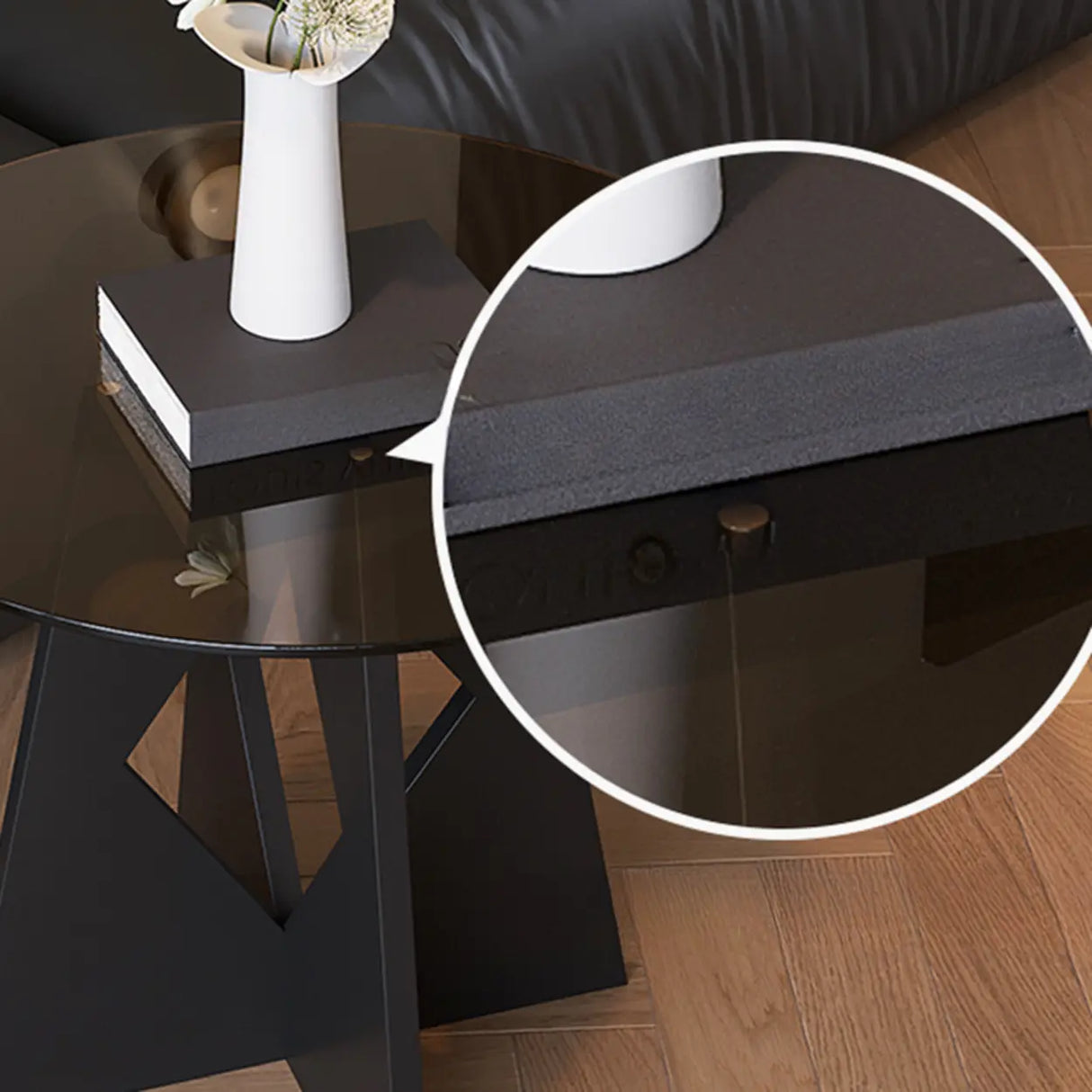 Modern Round Glass Side Table with Geometric Metal Base Image - 9
