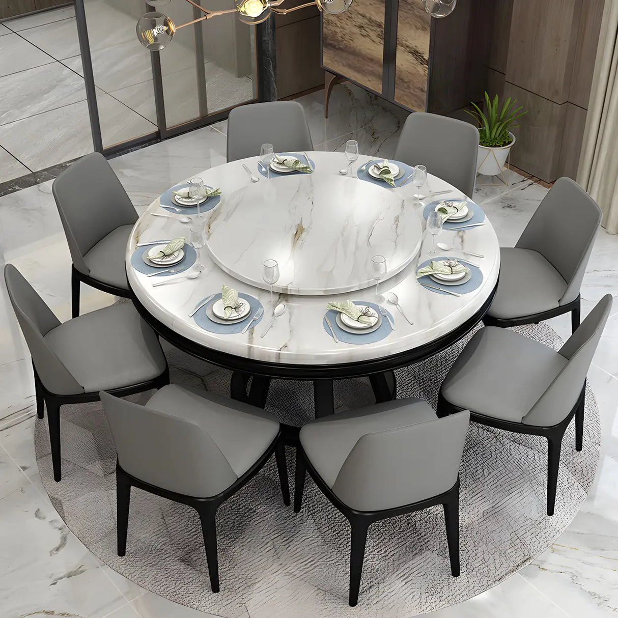 Modern Round Grey Marble Scratch Resistant Dining Table Image - 5