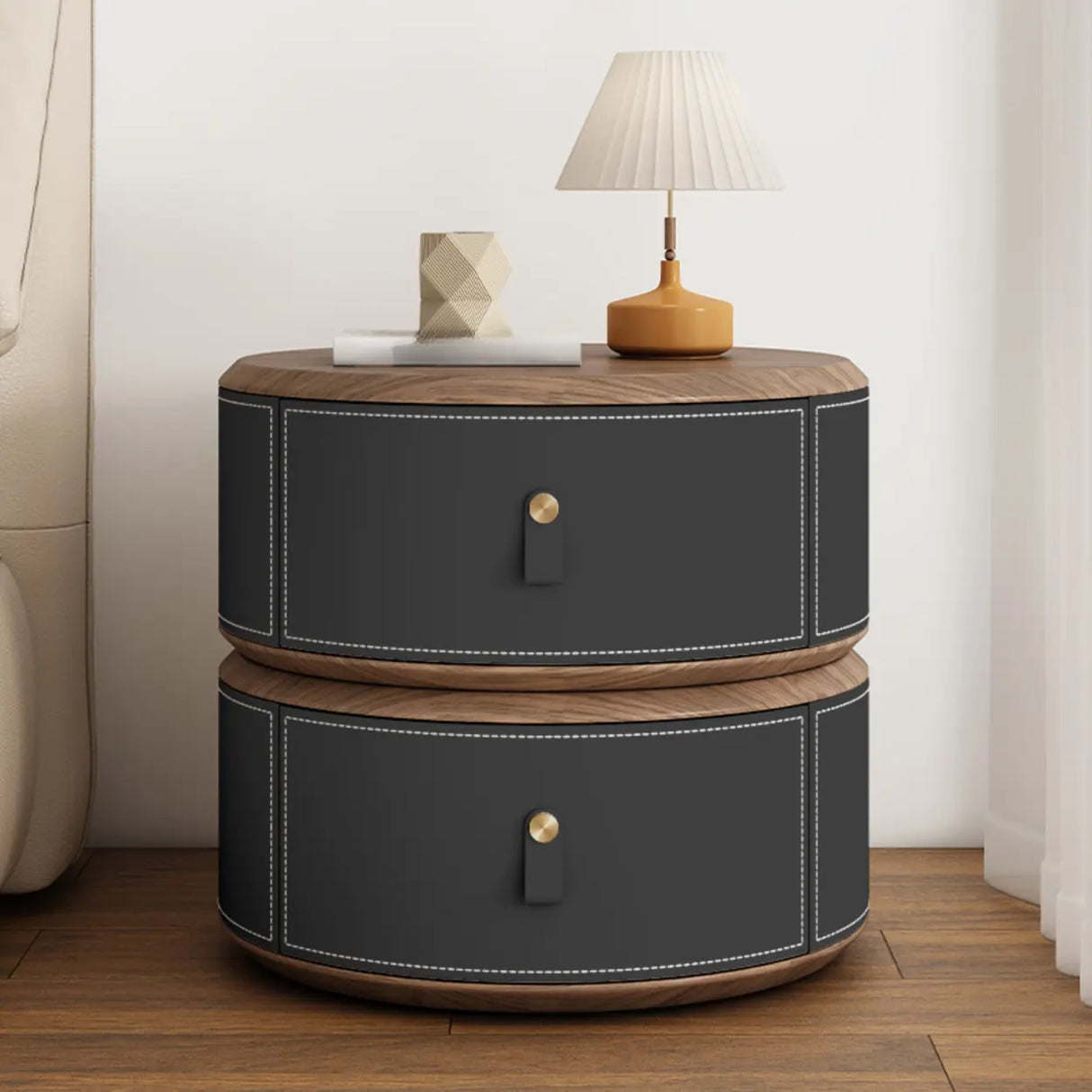 Modern Round Leather Nightstand with Wood Top and Drawers Image - 10