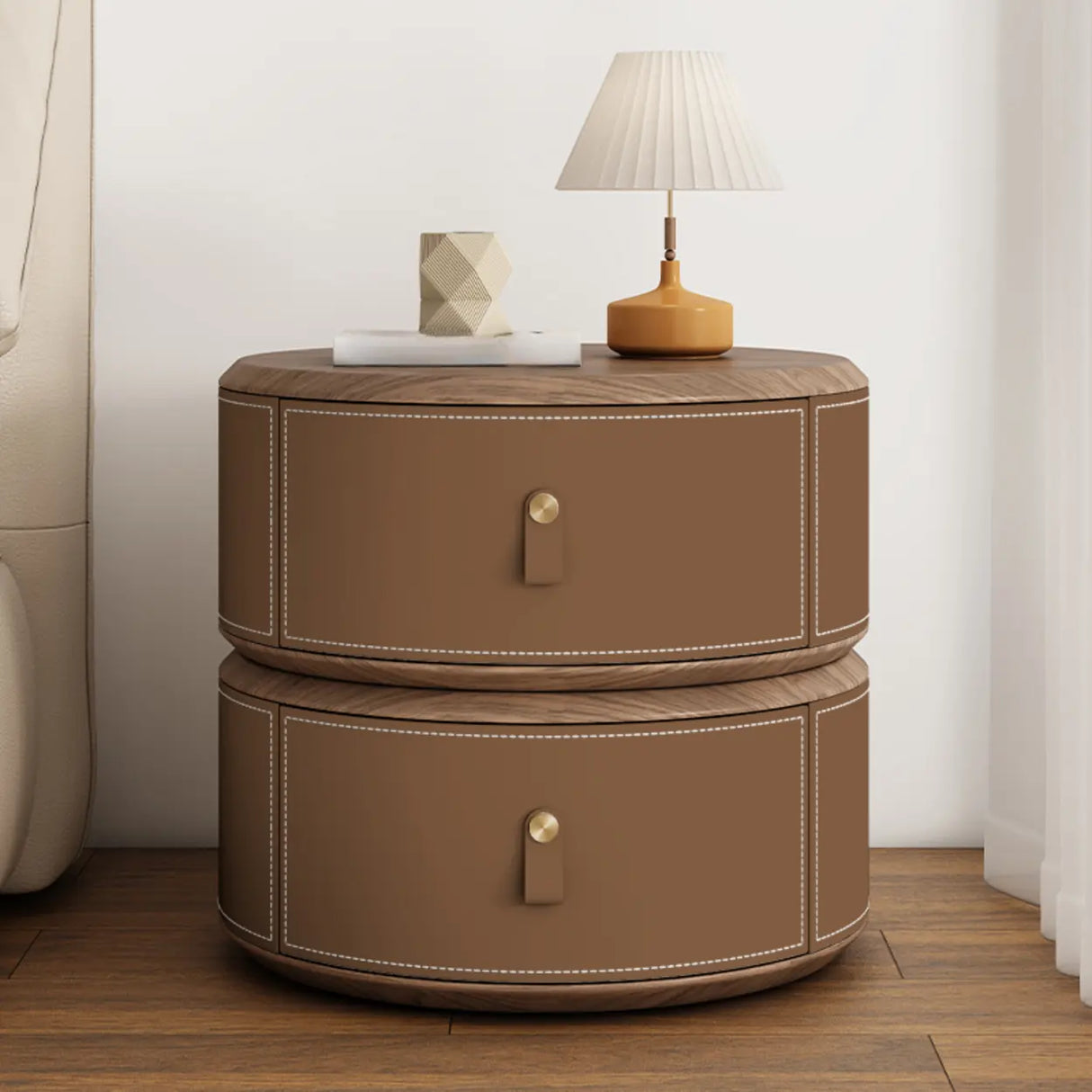 Modern Round Leather Nightstand with Wood Top and Drawers Image - 12