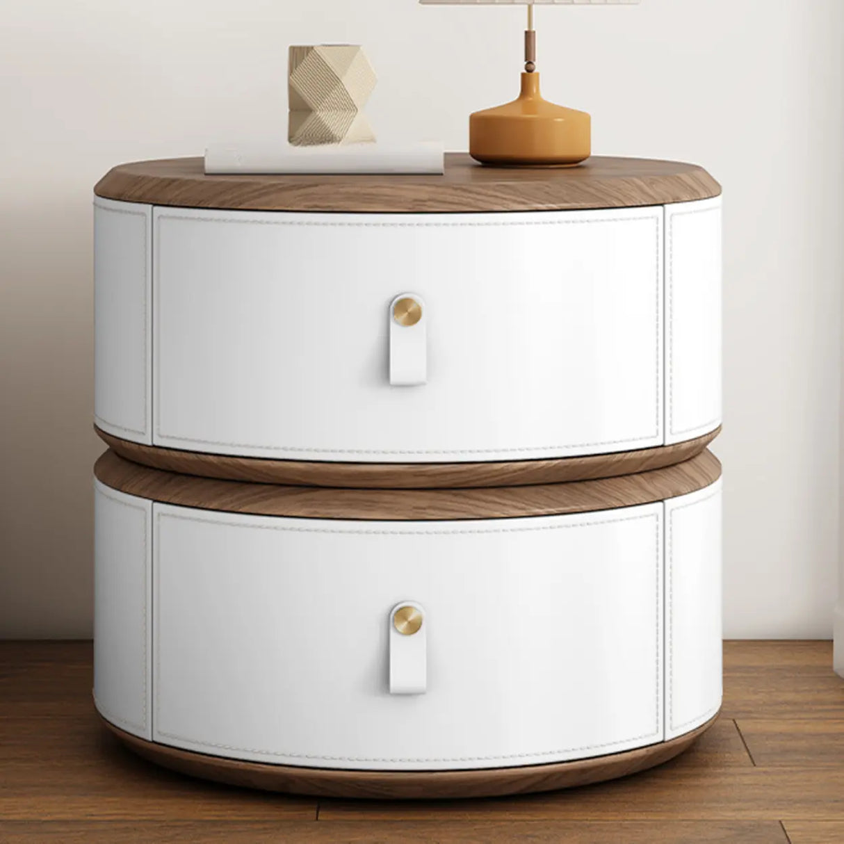 Modern Round Leather Nightstand with Wood Top and Drawers Image - 14