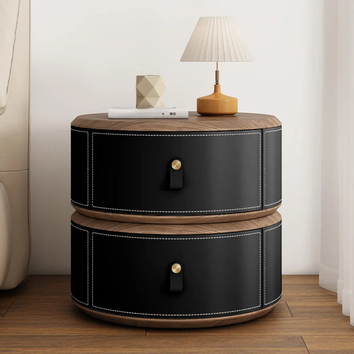 Modern Round Leather Nightstand with Wood Top and Drawers Image - 15