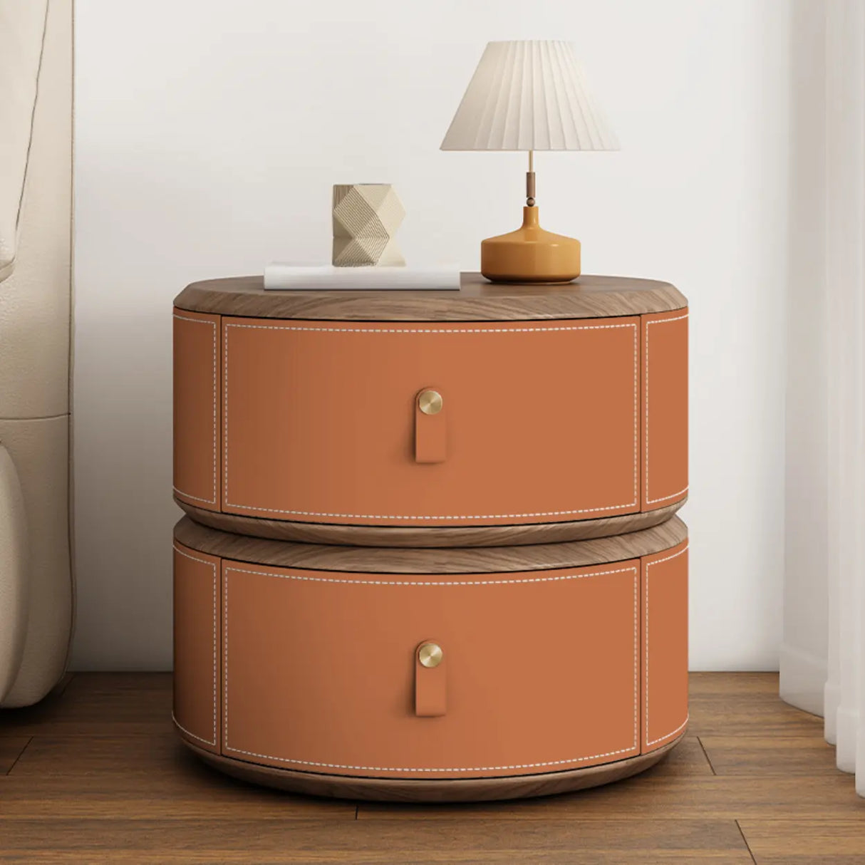 Modern Round Leather Nightstand with Wood Top and Drawers Image - 16