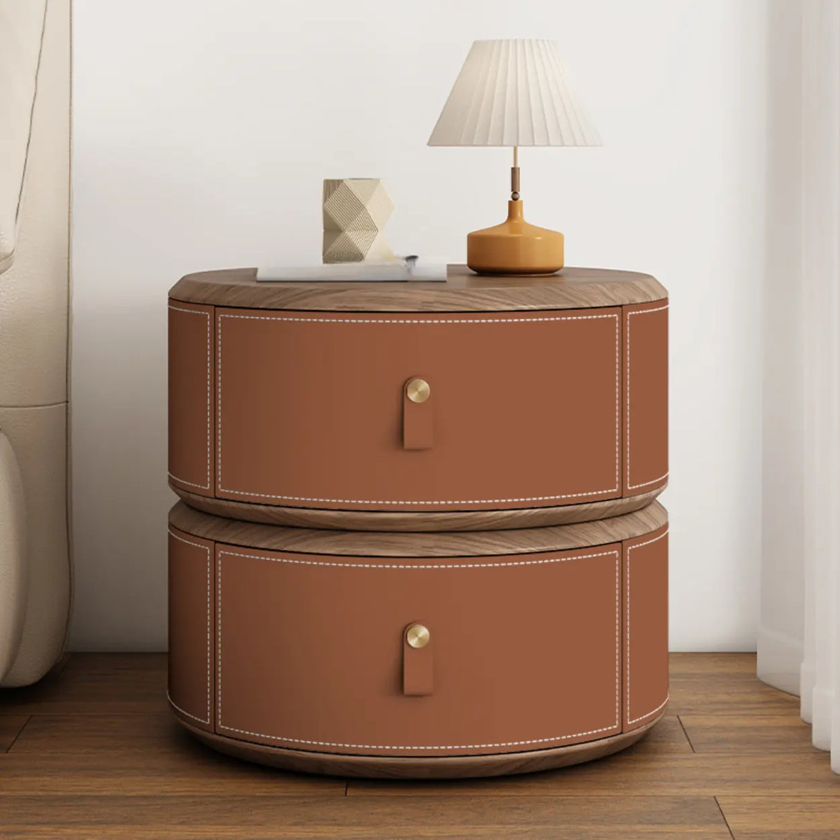 Modern Round Leather Nightstand with Wood Top and Drawers Image - 17