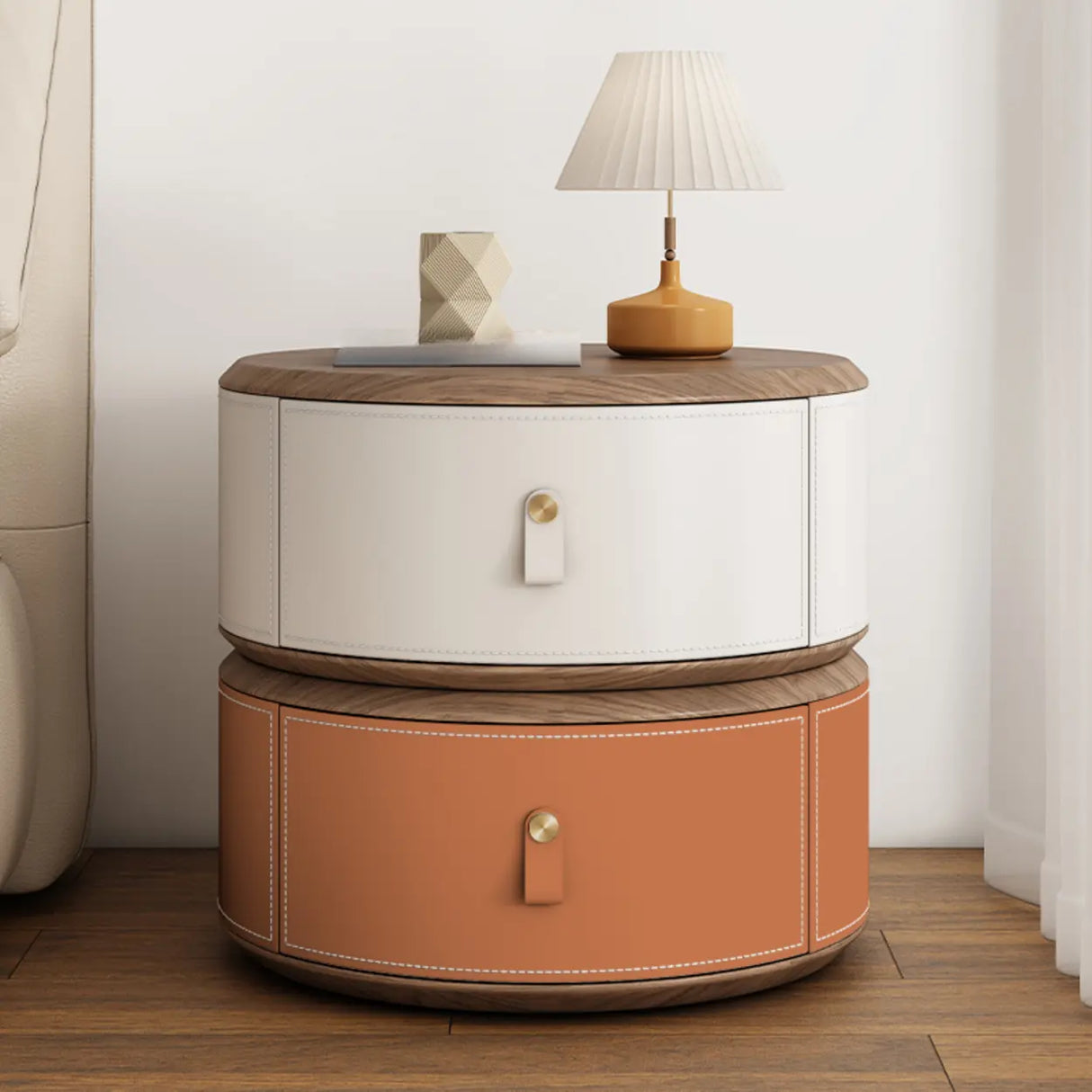 Modern Round Leather Nightstand with Wood Top and Drawers Image - 18