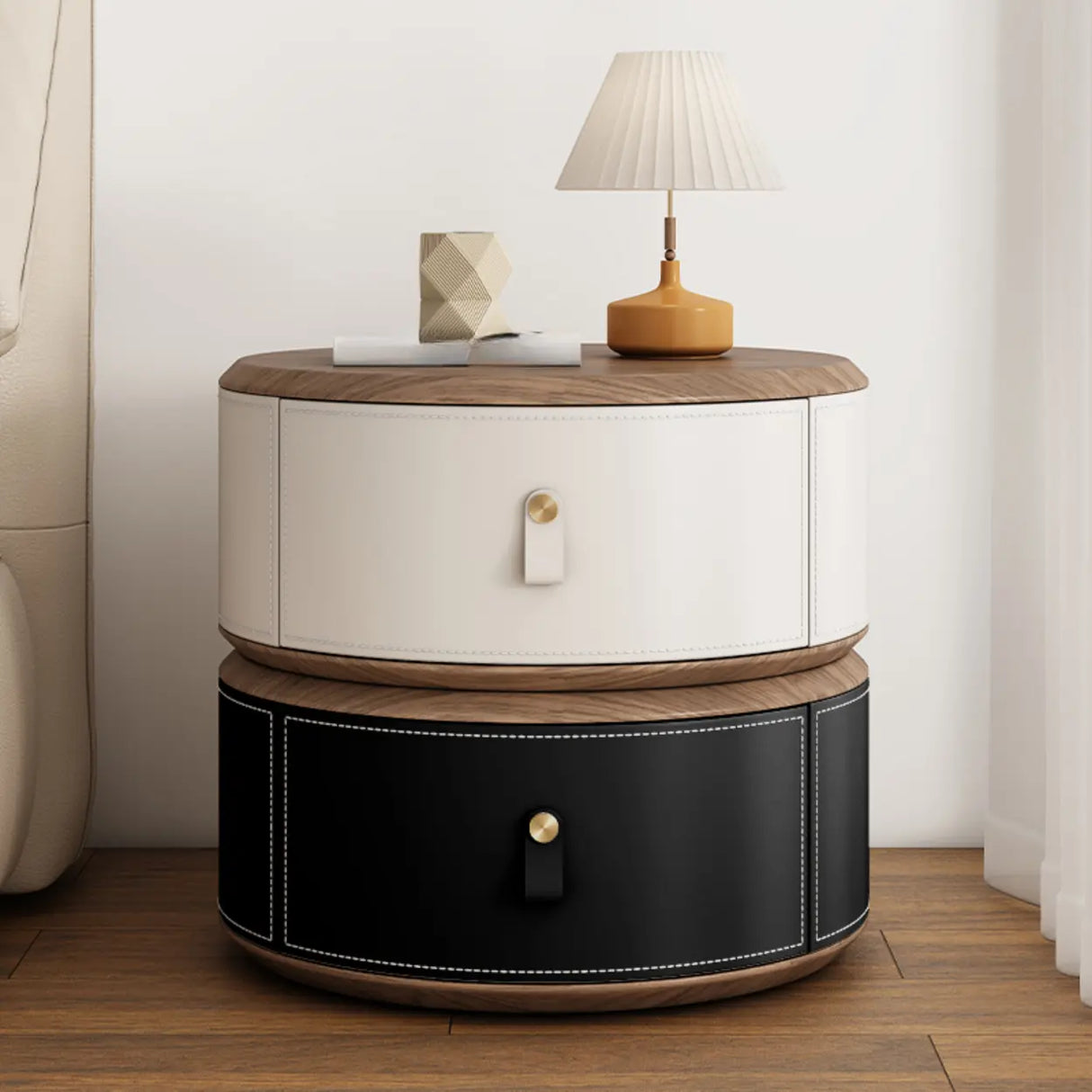 Modern Round Leather Nightstand with Wood Top and Drawers Image - 19