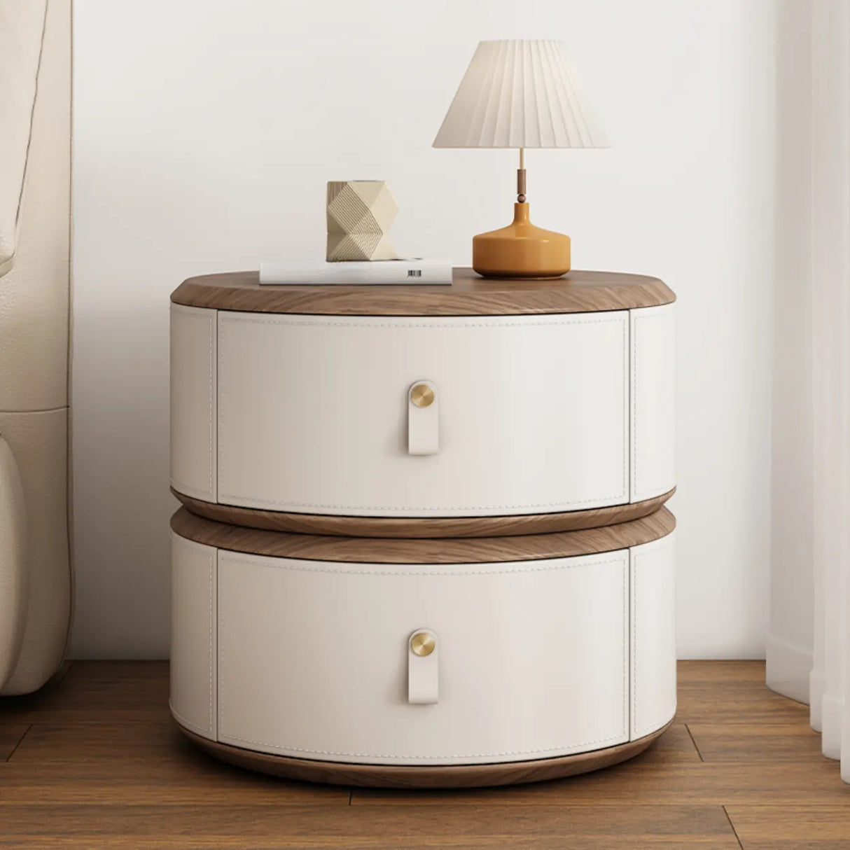 Modern Round Leather Nightstand with Wood Top and Drawers Image - 2