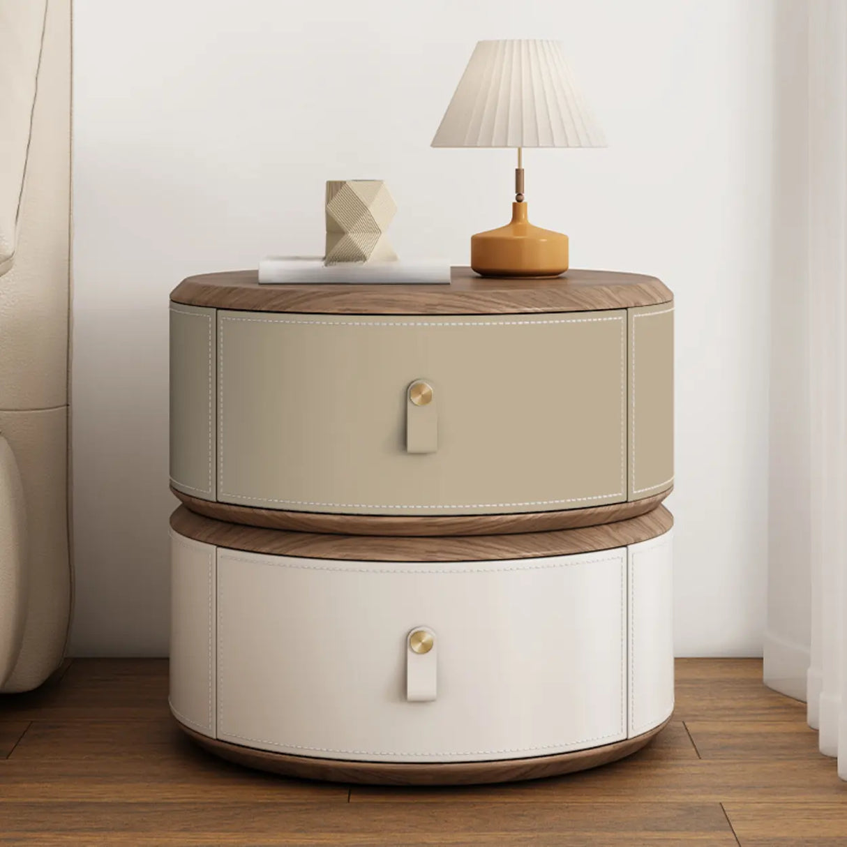 Modern Round Leather Nightstand with Wood Top and Drawers Image - 20