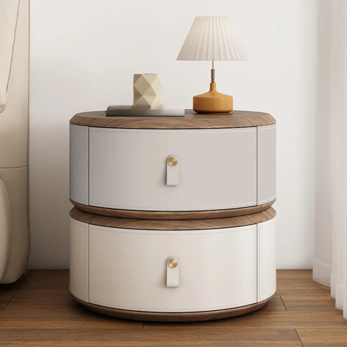 Modern Round Leather Nightstand with Wood Top and Drawers Image - 21